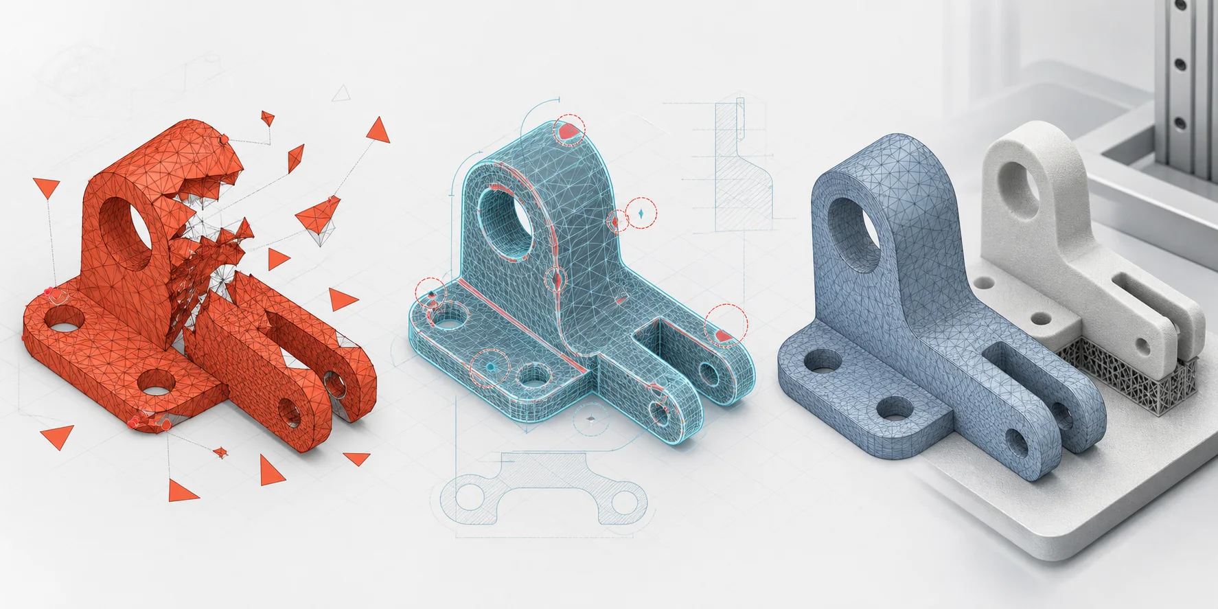 Ошибочная, диагностированная и исправленная полигональная сетка 3D-модели
