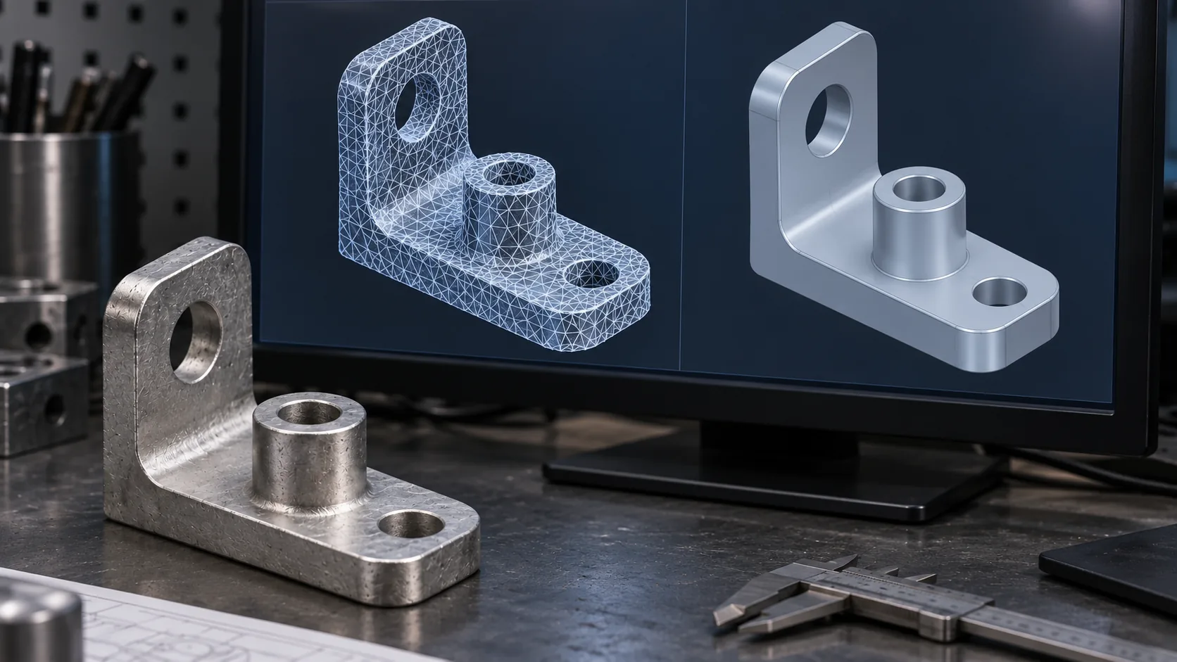 Металлическая деталь и сравнение полигональной сетки с CAD-моделью на мониторе