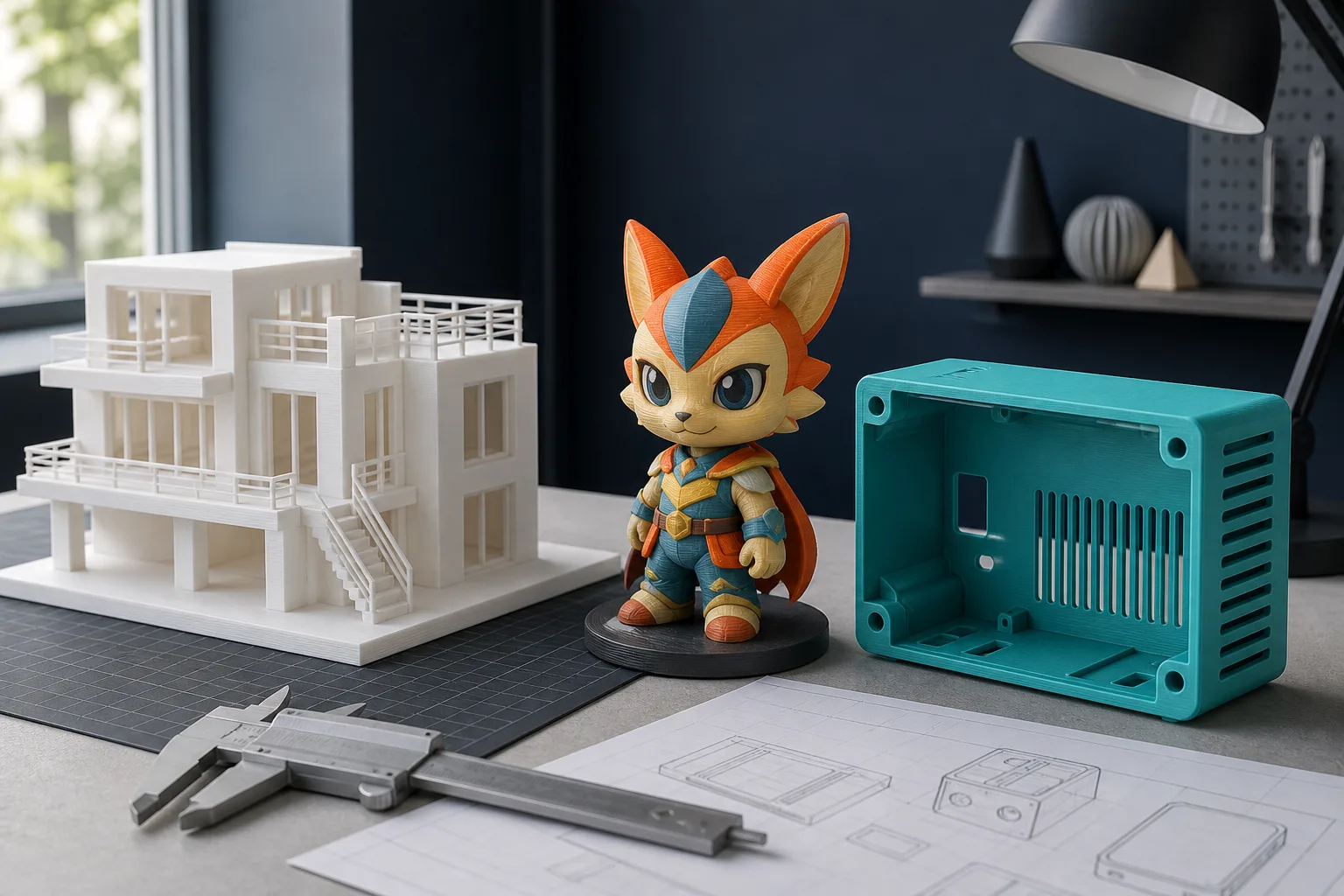 Примеры изделий из PLA: макет, фигурка и функциональный прототип