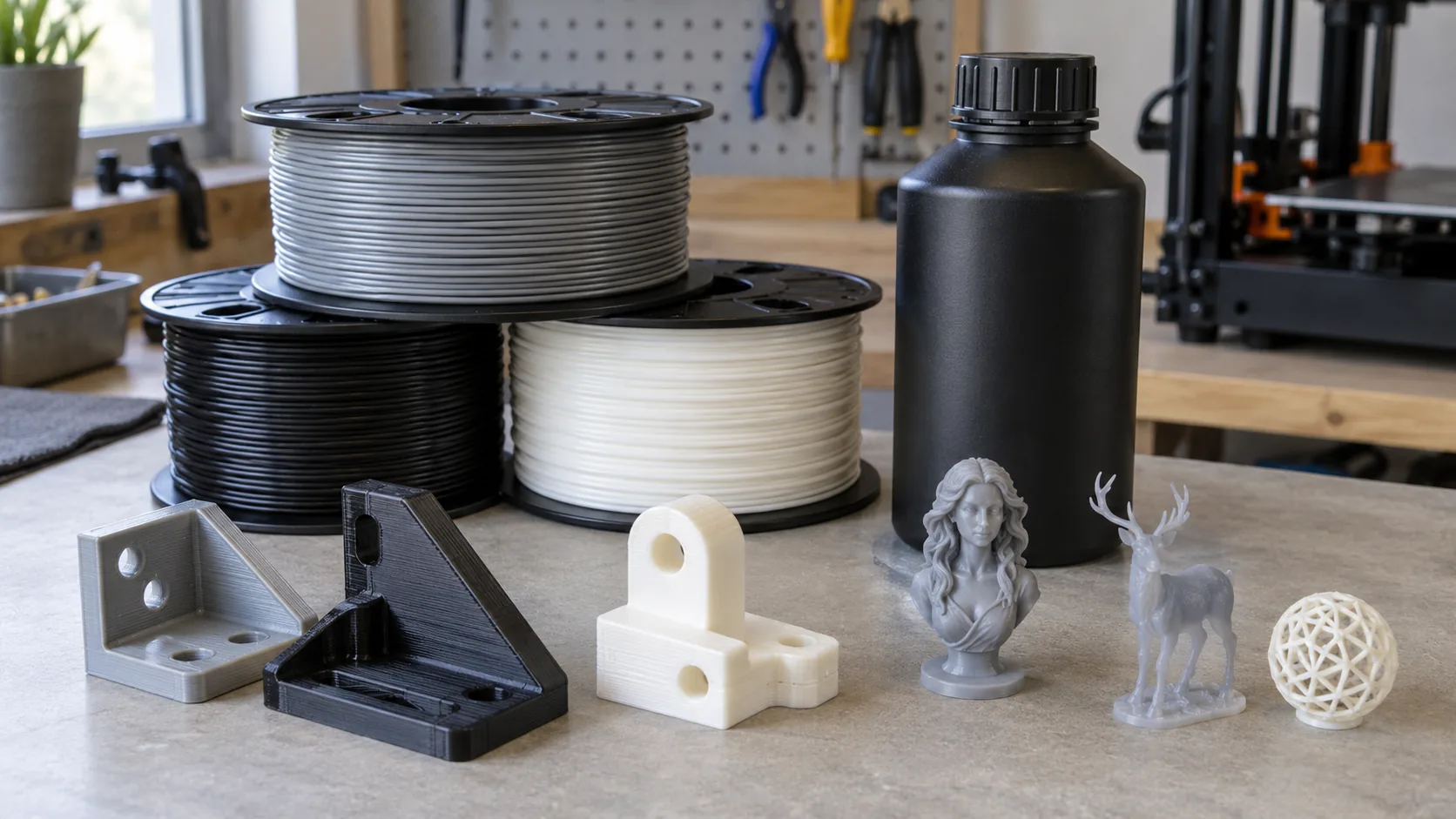 Катушки филамента, ёмкость для смолы и образцы 3D-печати на рабочем столе