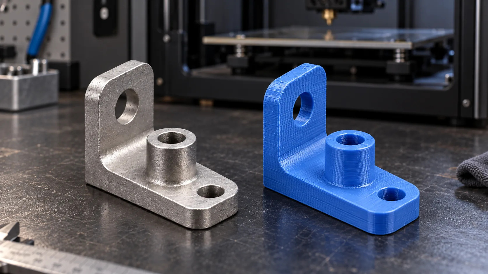 Металлический образец и пластиковая копия с видимыми слоями 3D-печати