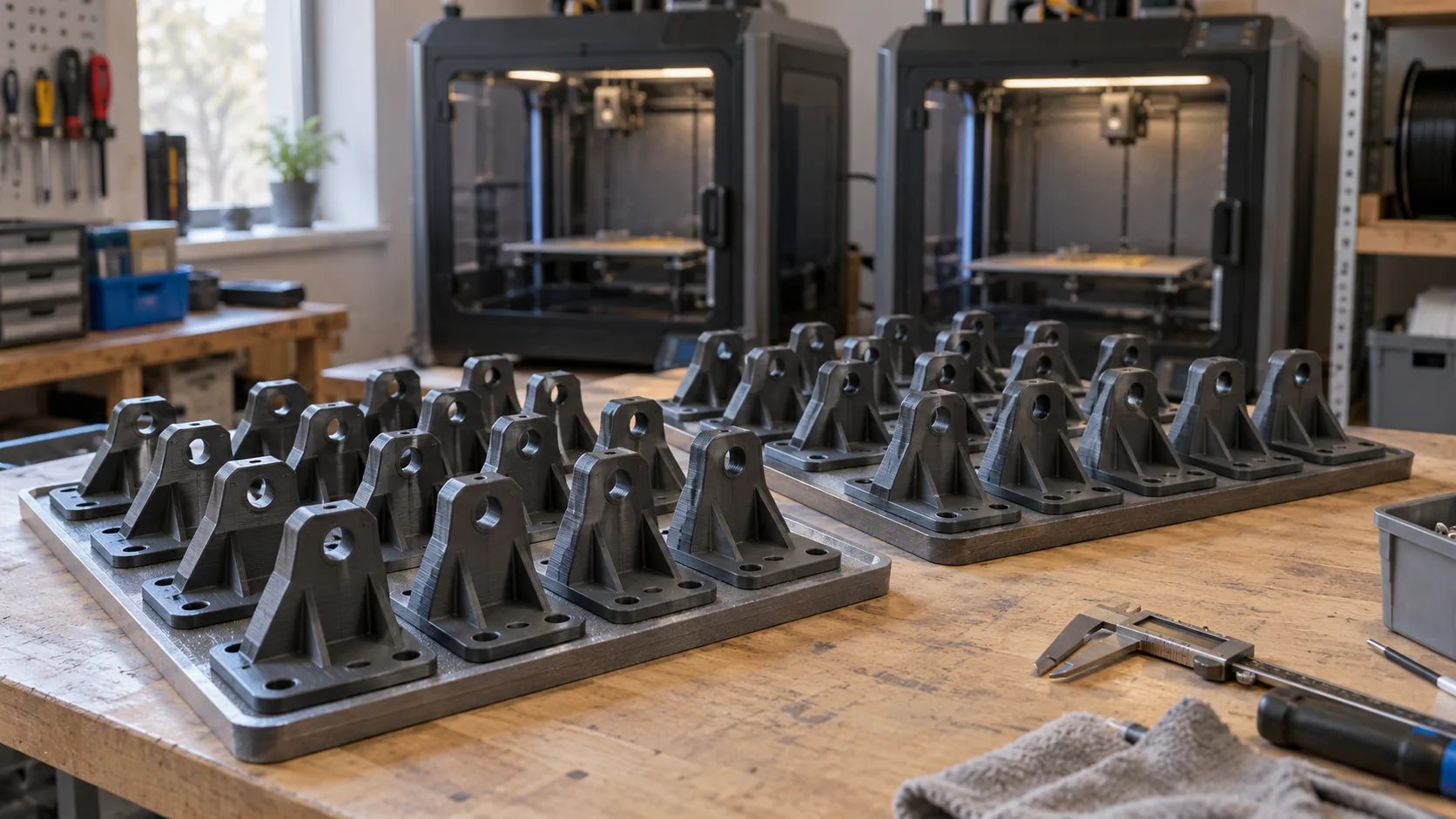 Партия одинаковых 3D-печатных креплений в производственной мастерской