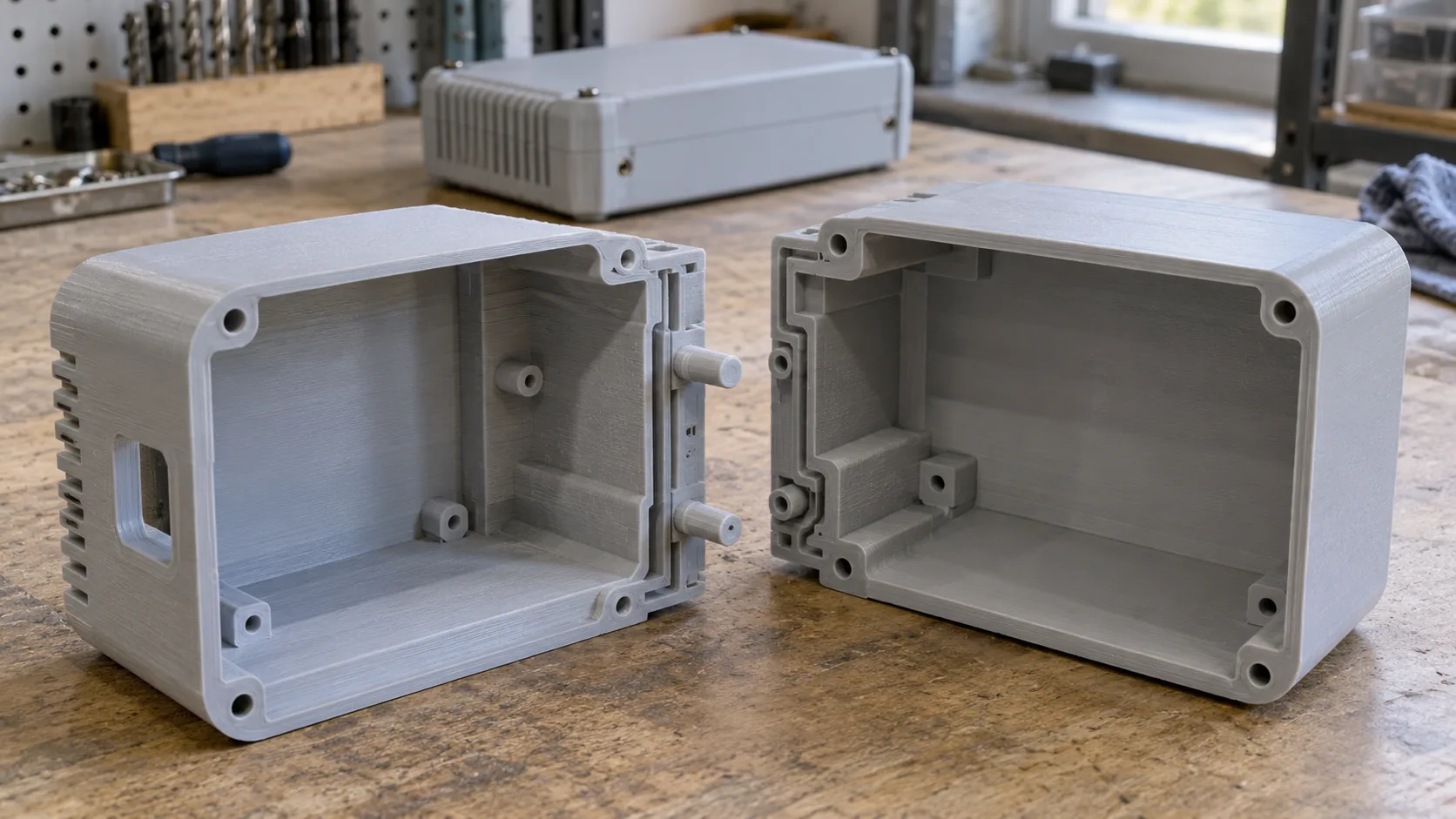 Две части 3D-печатного корпуса со стыком и направляющими для сборки